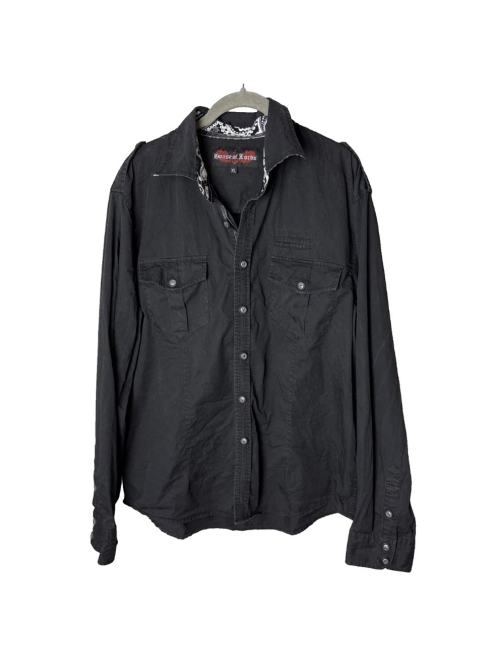 House of Lords Mens Shirt Size XL Black Embroidered Beaded Cotton Rocker Chic